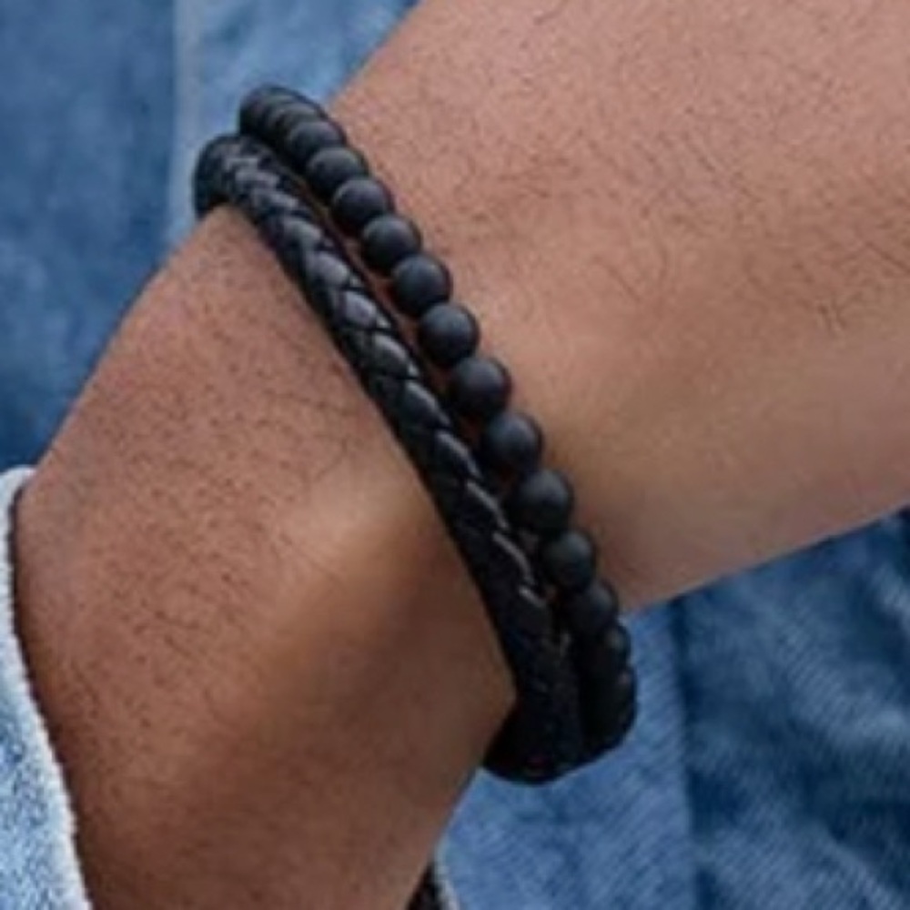 BLACK BRAIDED LEATHER & BLACK ONYX BEAD BRACELET
